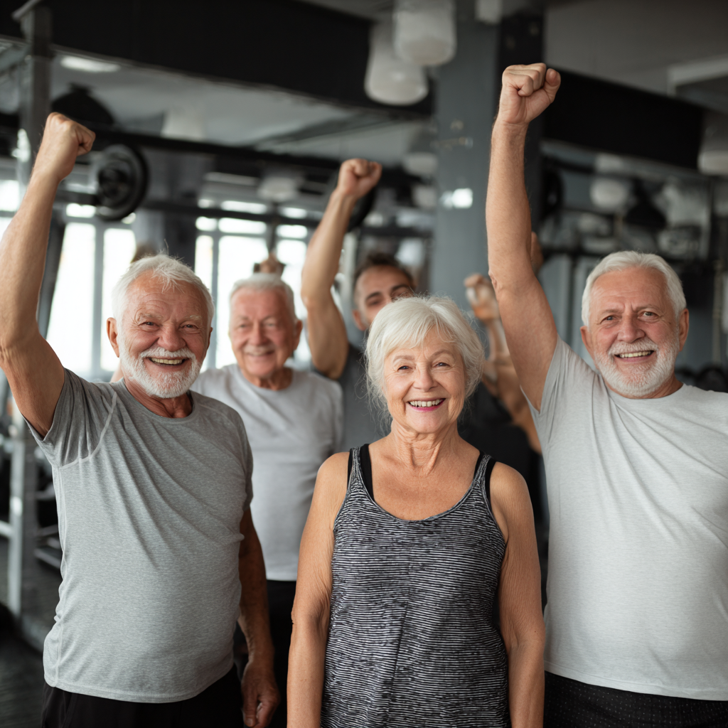 Group of older adults celebrating fitness achievements in modern gym